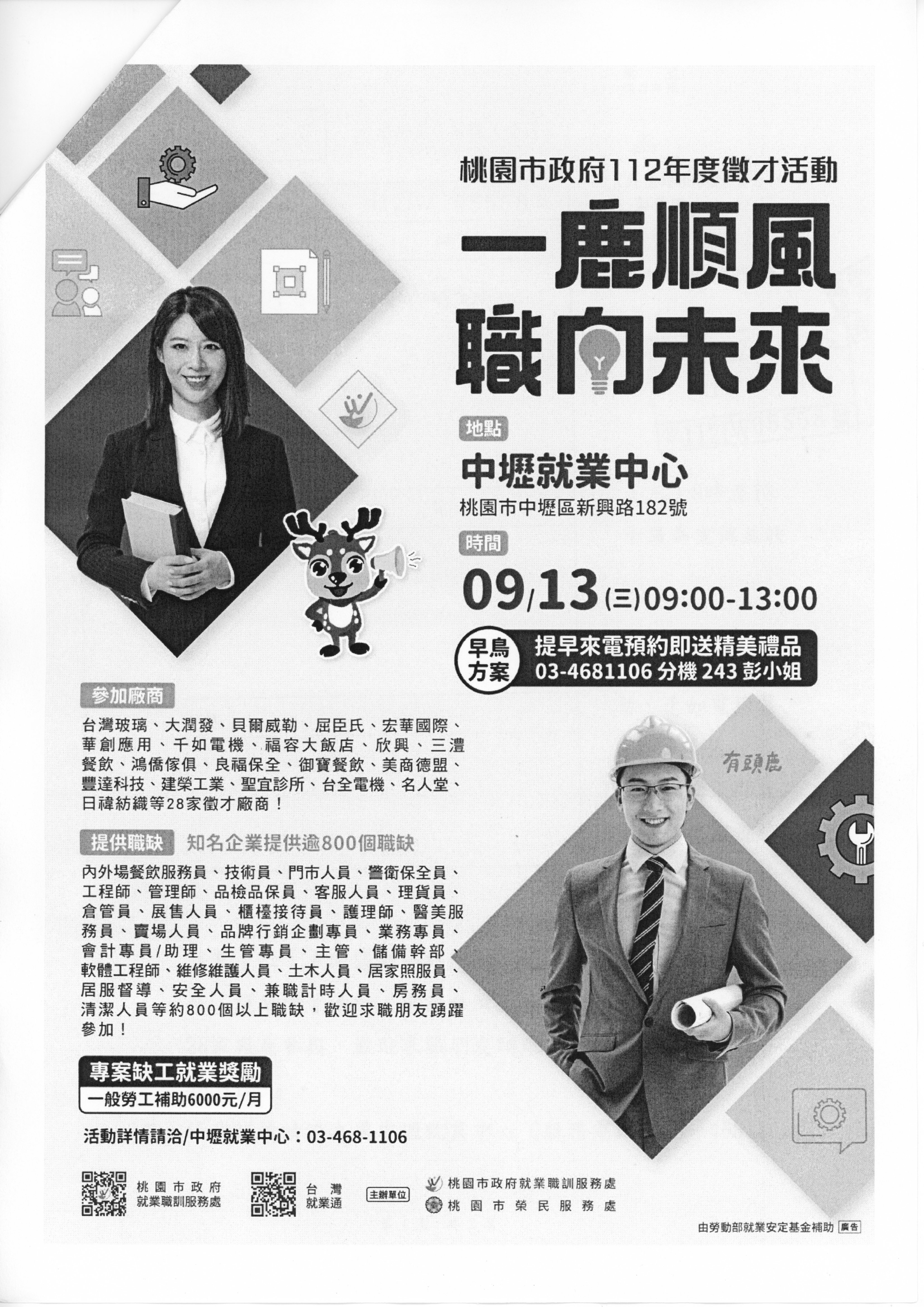 112/09/11 桃園市「一鹿順風 職向未來」現場徵才活動 中壢就業中心
