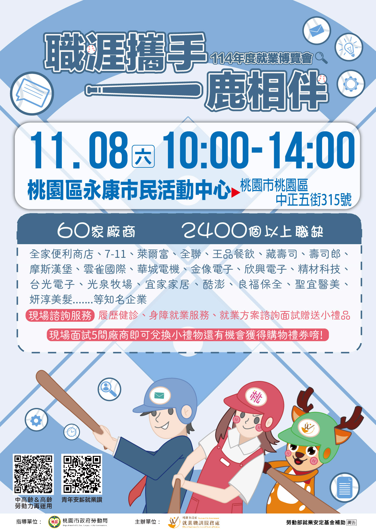 「114年11月8日10時至14時，於永康市民活動中心將舉辦「職涯攜手 一鹿相伴」就業博覽會，高達2,400個以上職缺，歡迎踴躍參加。」