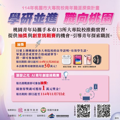「114年桃園市大專院校青年職涯探索計畫－學研並進 職向桃園」抽獎及競賽活動，資格調整