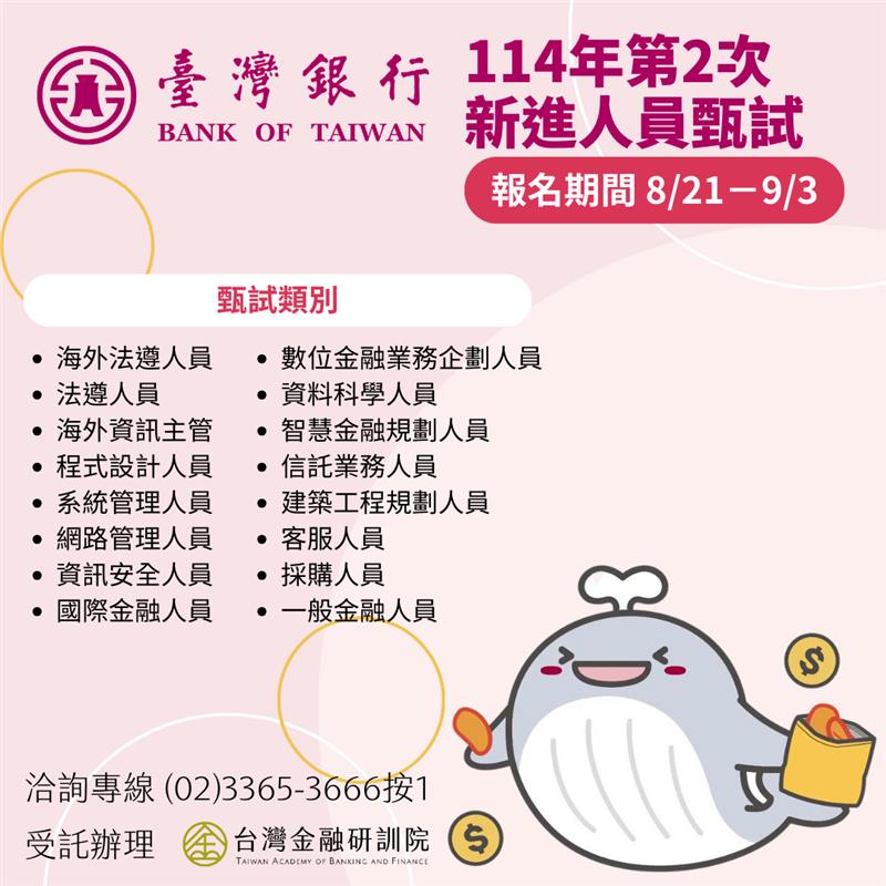 財團法人台灣金融研訓院「臺灣銀行114年第二次新進人員甄試」