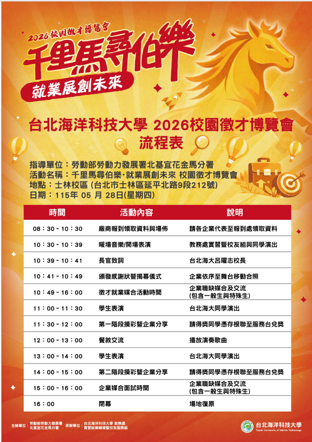 台北海洋科技大學於115年5月28日（星期四）辦理2026【千里馬尋伯樂　就業展創未來】台北海洋科技大學就業博覽會活動