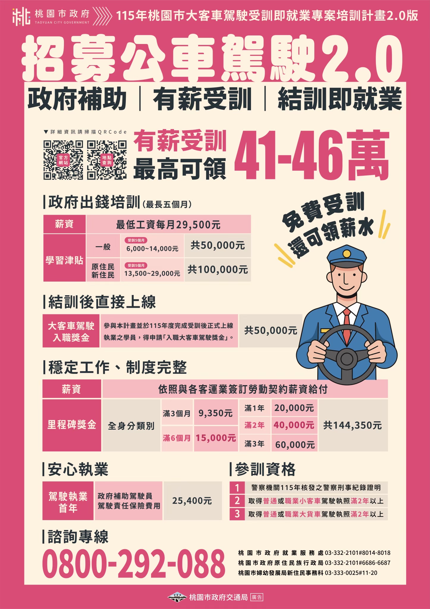「115年桃園市大客車駕駛受訓即就業專案培訓補助計畫」