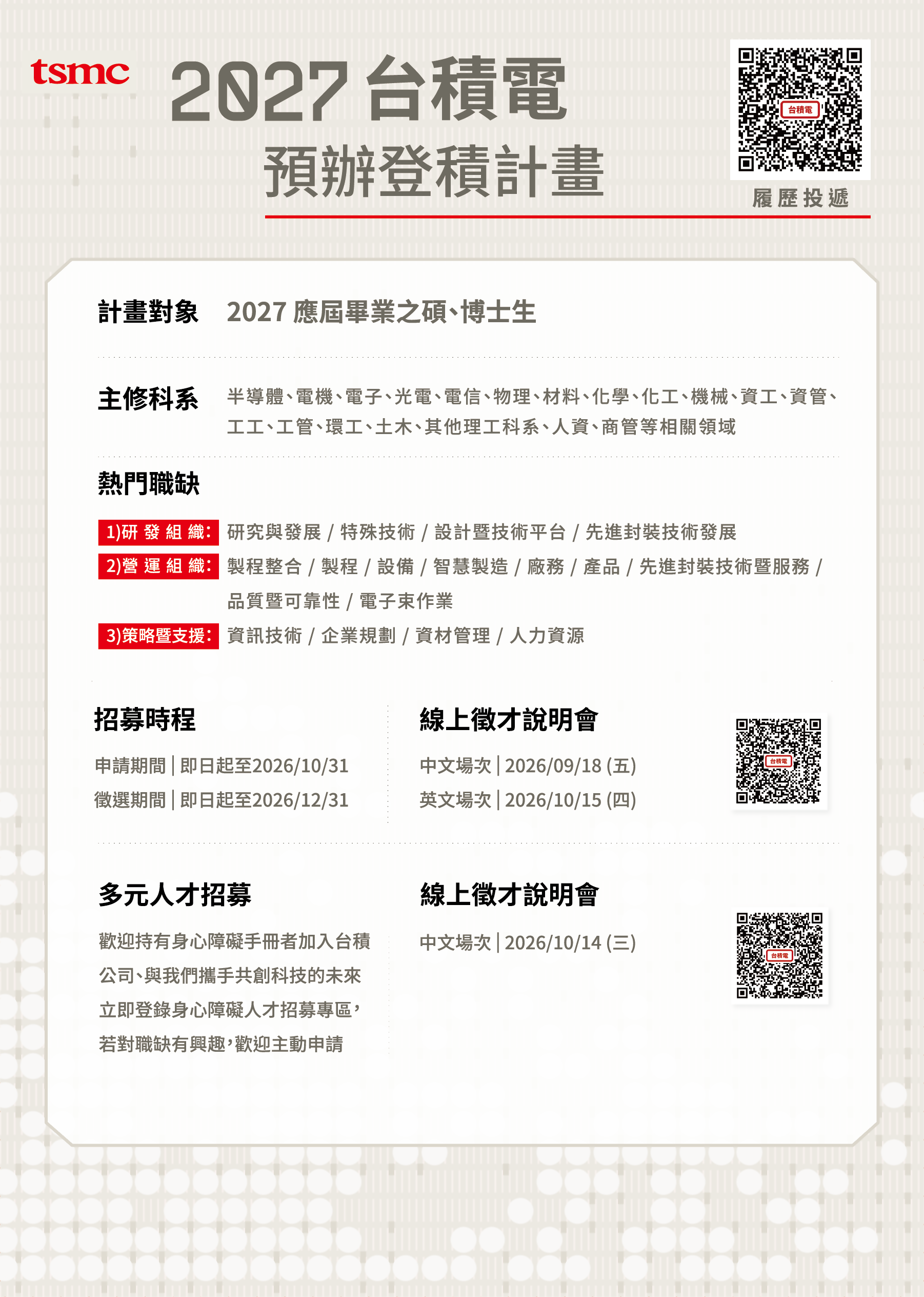 2027台積電預辦登積計畫：預聘暨研發替代役招募系列活動，開跑囉～